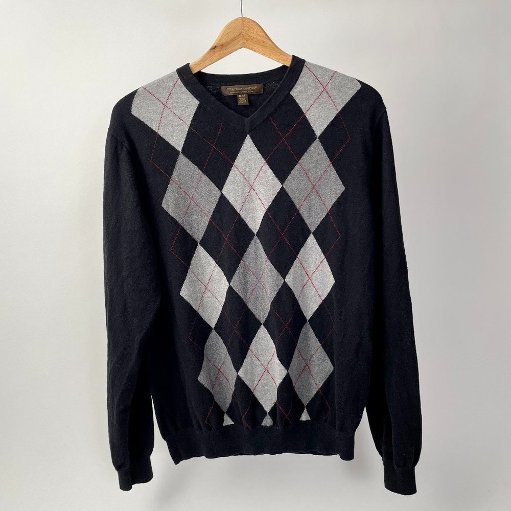 Sebastian Cooper Cashmere Cotton Blend V Neck Argyle Sweater Black Grey, Size M